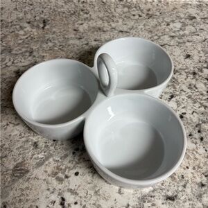 Ceramic serving piece is a brand TAG Triple Dip Server or similar divided dish.